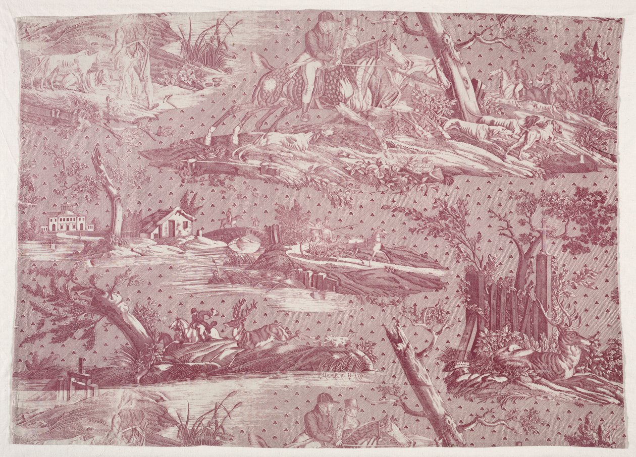 ハンティングシーンデザインの銅版画綿の断片、c。 1815年。 作： エミール・ジャン・オレス・ヴェルネ