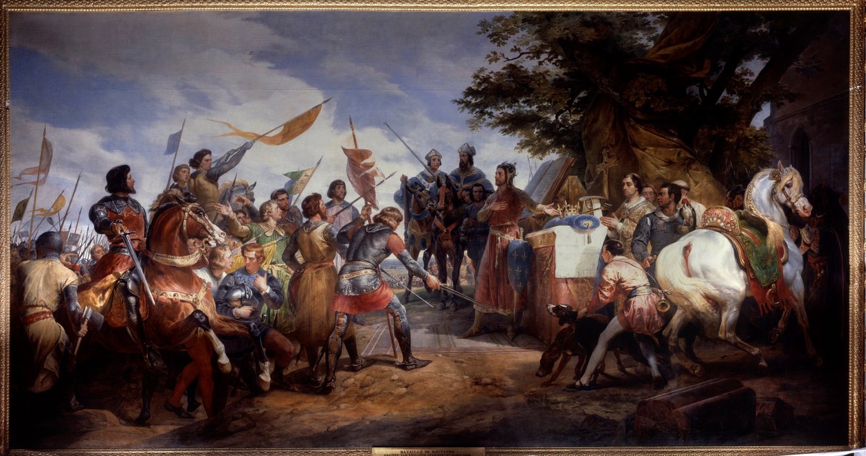 英仏戦争（1202-1214）。"the Battle of Bouvines on 27/07/1214, Philippe Auguste puts in play the crown of France" 彼女はフィリップ・オーギュストのフランス軍とオトン4世のフランドル人とウェルフ人との戦いに対抗した。フランス軍の勝利は決定的なもので、オ 作： エミール・ジャン・オレス・ヴェルネ