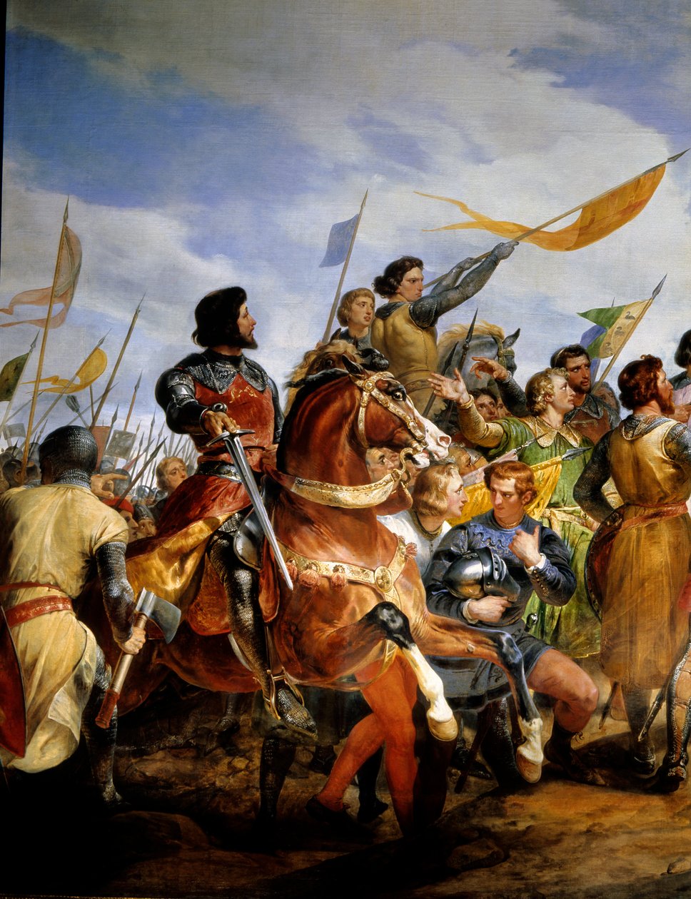 英仏戦争（1202-1214）。"the Battle of Bouvines on 27/07/1214, Philippe Auguste puts in play the crown of France" 彼女はフィリップ・オーギュストのフランス軍とオトン4世のフランドル人とウェルフ人との戦いに対抗した。フランス軍の勝利は決定的なもので、オ 作： エミール・ジャン・オレス・ヴェルネ