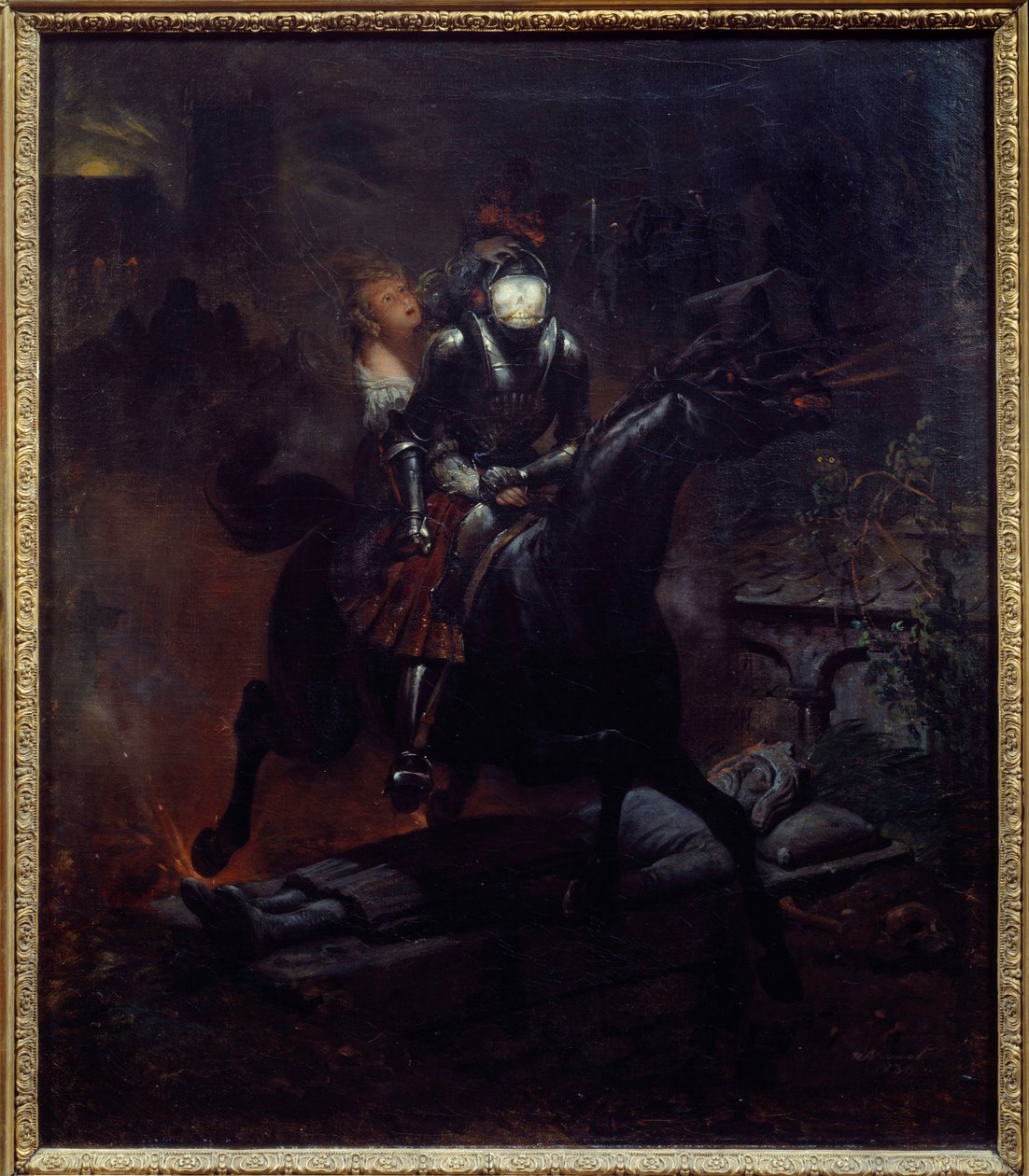 レオノーレのバラード ゴットフリート・ビュルガーの詩「レオノーレ」（1747-1794）の挿絵、馬に乗った死がレオノーレを連れ去る。エミール・ジャン・オレス・ヴェルネ（1789-1863）による絵画 1839年 日。0,61x0,55 m ナント、ミュゼ・デ・ボザール 作： エミール・ジャン・オレス・ヴェルネ