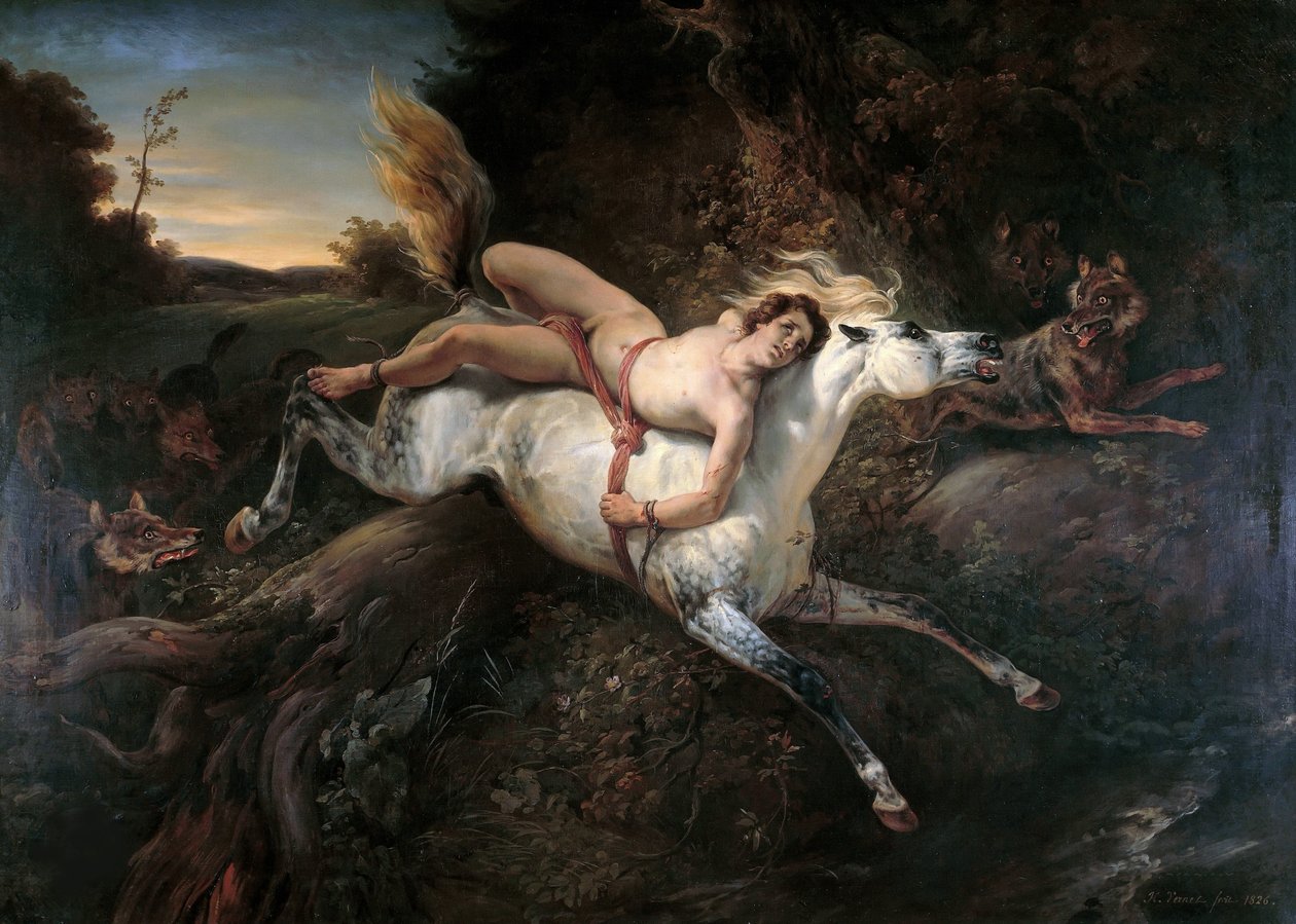 マゼッパとオオカミ、1826年。 作： エミール・ジャン・オレス・ヴェルネ