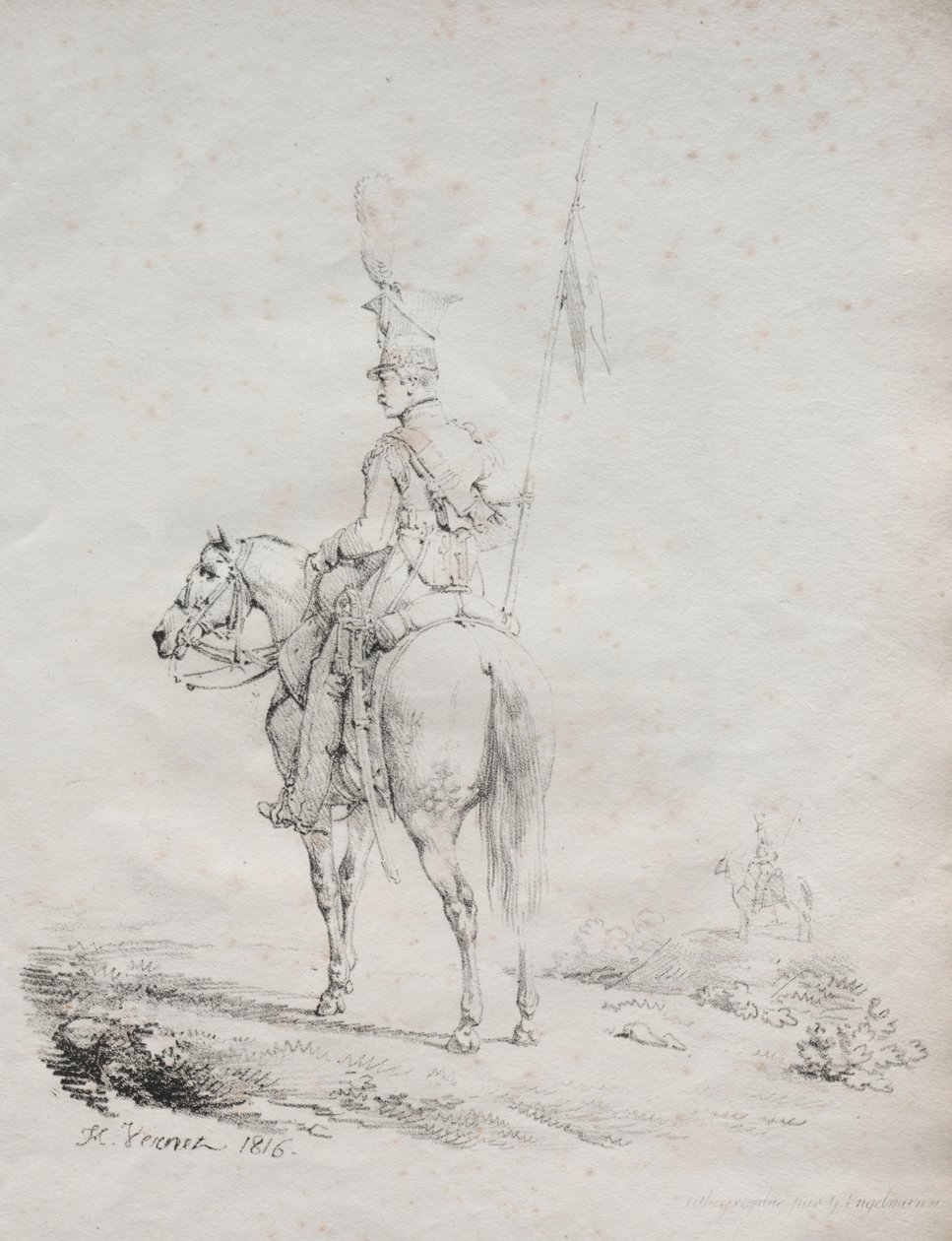石版のエッセイのコレクション：Le Lancier en Vedette、1816年。 作： エミール・ジャン・オレス・ヴェルネ