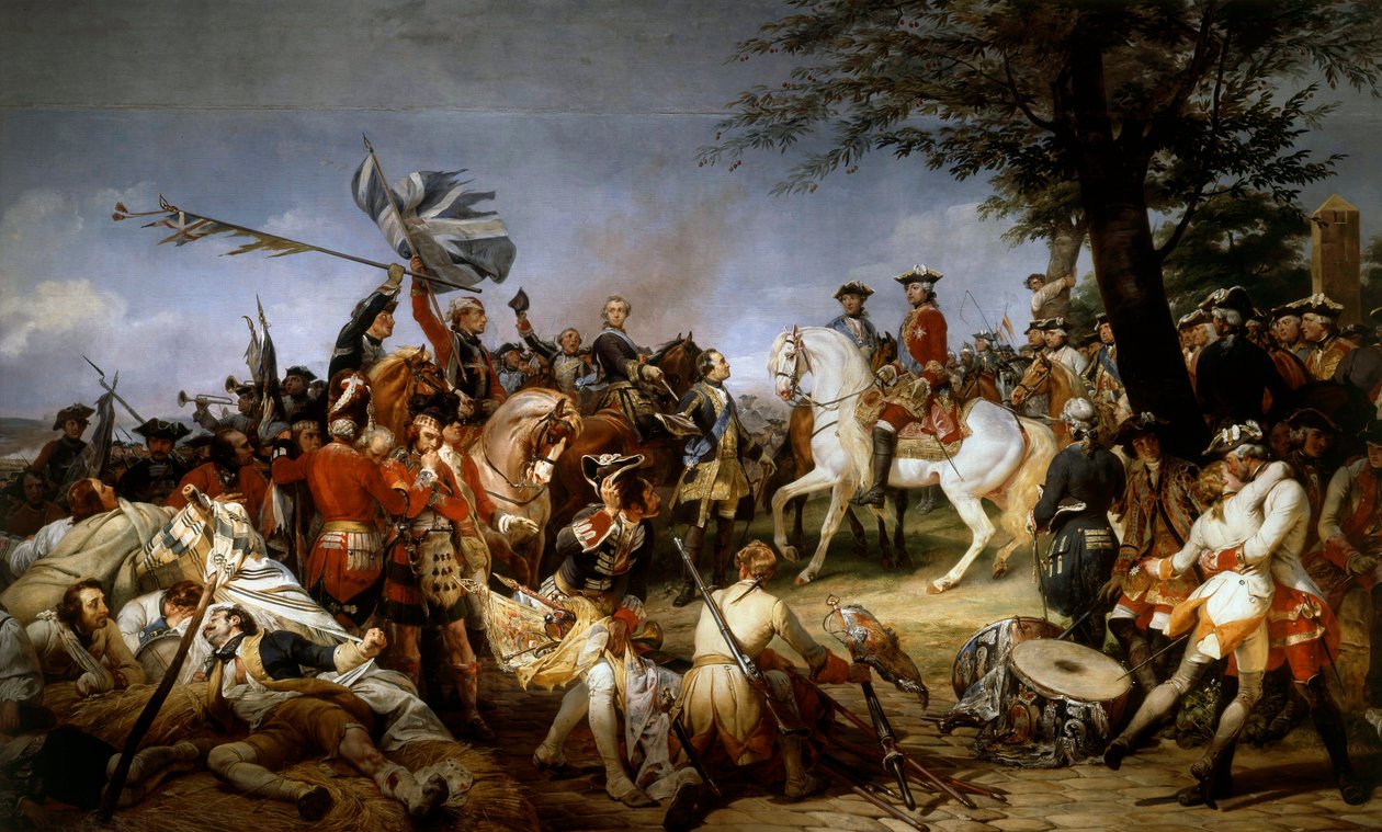 オーストリア継承戦争（1740年～1748年）。「1745年5月11日のフォントノワの戦い、ザクセンのマレシャルはルイ15世に捕虜とイギリスの旗を差し出した」 エミール・ホレス・ヴェルネ（1789-1863）による絵画 1828年 日。5.1x9.75 m 作： エミール・ジャン・オレス・ヴェルネ