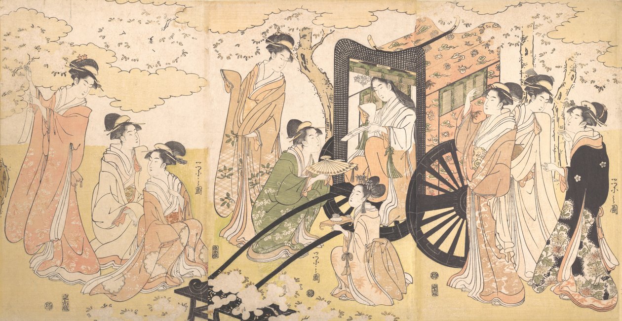 高貴な貴婦人と付き添いによる桜の遠足、約。 1797年。 作： 細田栄司