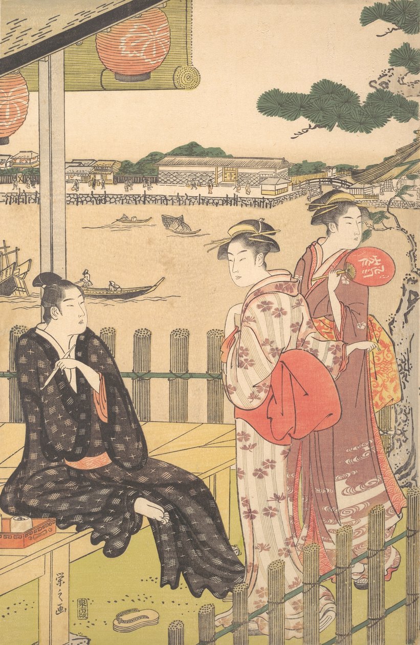 隅田川のほとりの茶屋でのグループ。 1790年。 作： 細田栄司