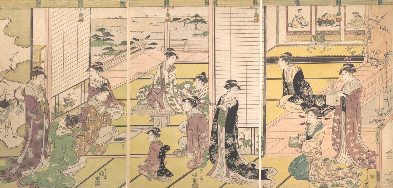詩の三神を称える：詩を構成する女性、ca。 1792年。 作： 細田栄司