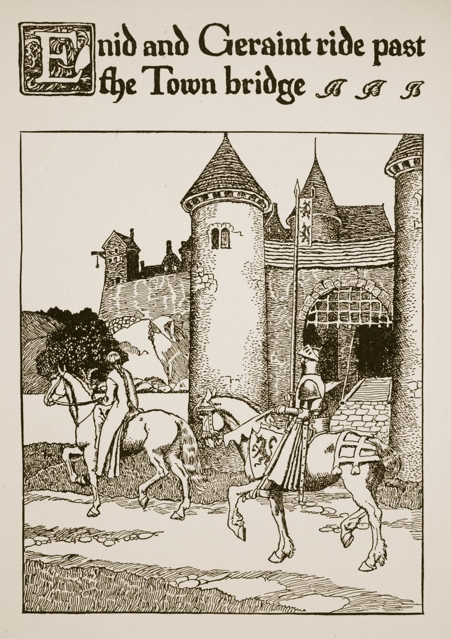EnidとGeraintがタウンブリッジを通り過ぎる。「杯の物語とアーサーの通過」のイラスト、c.1910 作： ハワード・パイル