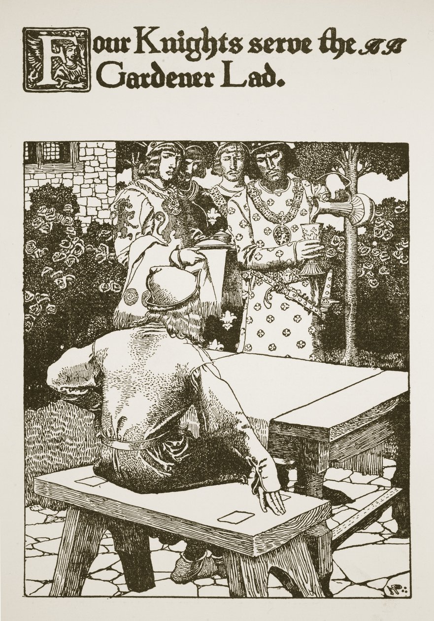 4人の騎士が庭師の若者に仕える、「アーサー王と彼の騎士の物語」、1903年のイラスト 作： ハワード・パイル