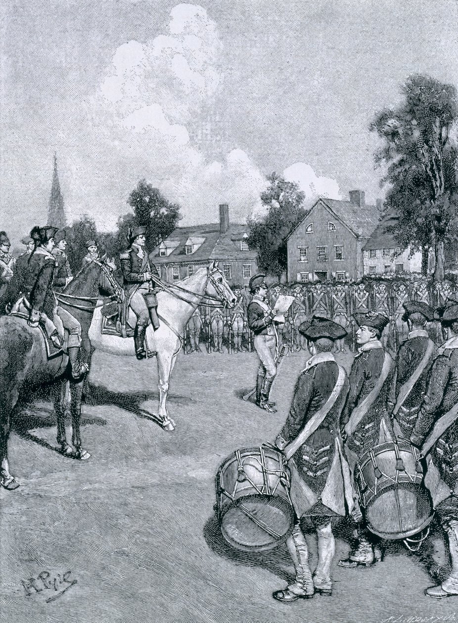 1776年7月9日、ニューヨークのワシントン軍の前で宣言を読む、チャールズD.デシュラー発行の「オールド13で宣言がどのように受け取られたか」のイラスト。ハーパーのマガジン、1 作： ハワード・パイル