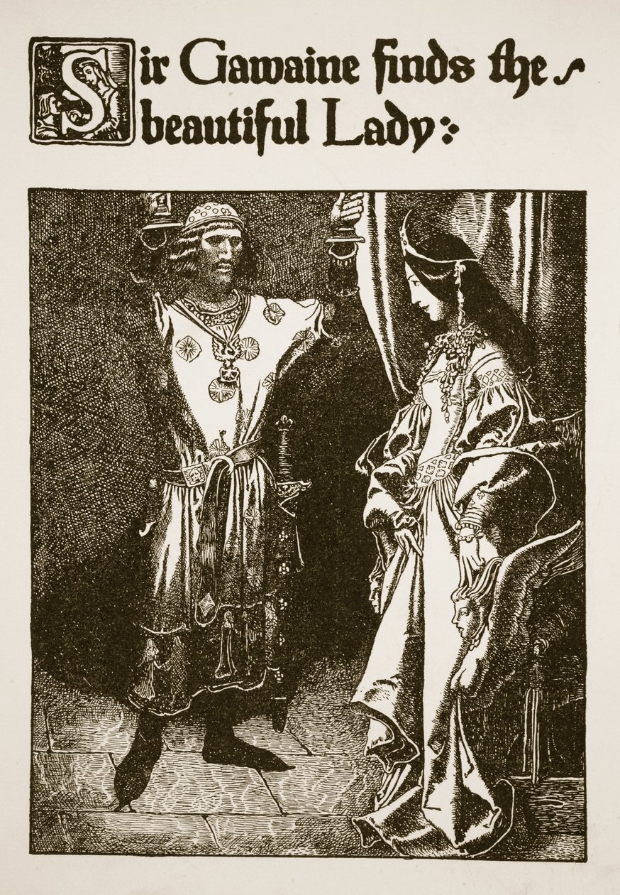 ガウェイン卿は「アーサー王と彼の騎士の物語」、1903年のイラストから美しい女性を見つけます 作： ハワード・パイル