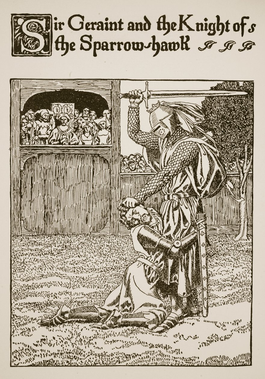 ジェライン卿と雀鷹の騎士、「杯の物語とアーサーの通過」の挿絵、1910年頃 作： ハワード・パイル