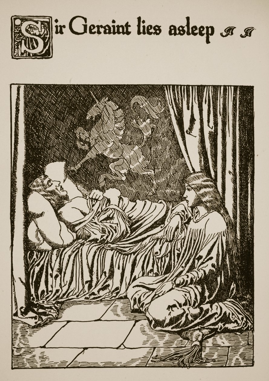 ジェライン卿は眠っている、「杯の物語とアーサーの通過」の挿絵、1910年頃 作： ハワード・パイル