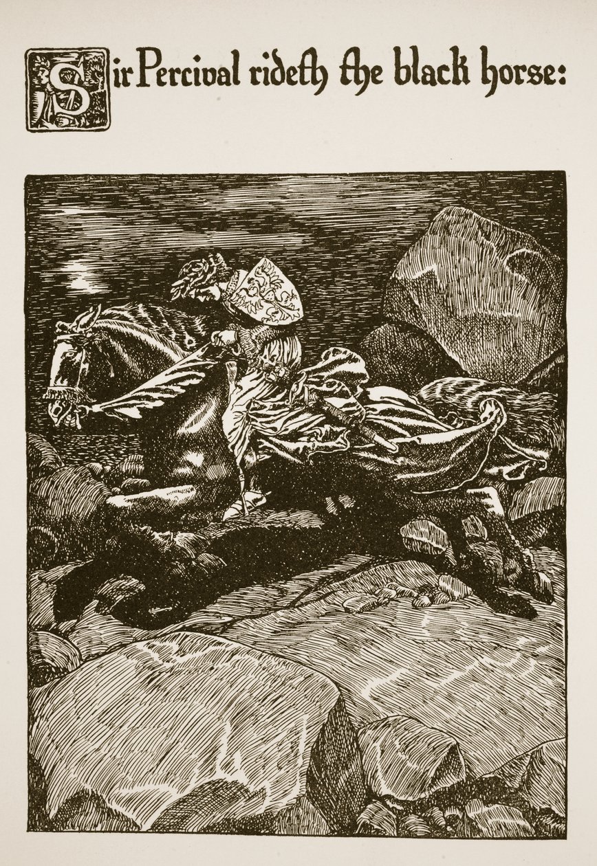 パーシヴァル卿が黒い馬に乗って、「杯の物語とアーサーの通過」のイラスト、1910年頃 作： ハワード・パイル