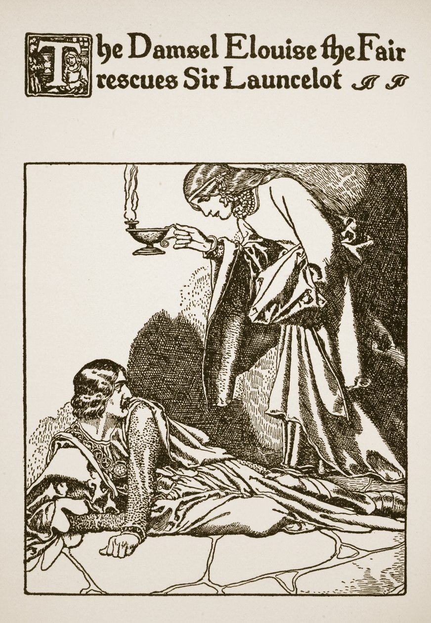乙女のルイーズは、「ロンセロット卿とその仲間たちの物語」、1907年のイラストから、ロンセロット卿を救出します。 作： ハワード・パイル