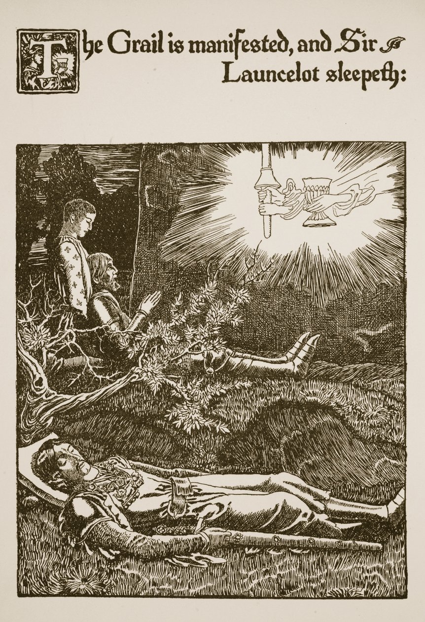 聖杯が顕現し、ローンセロット卿が「聖杯の物語とアーサーの通過」の挿絵、1910年頃 作： ハワード・パイル