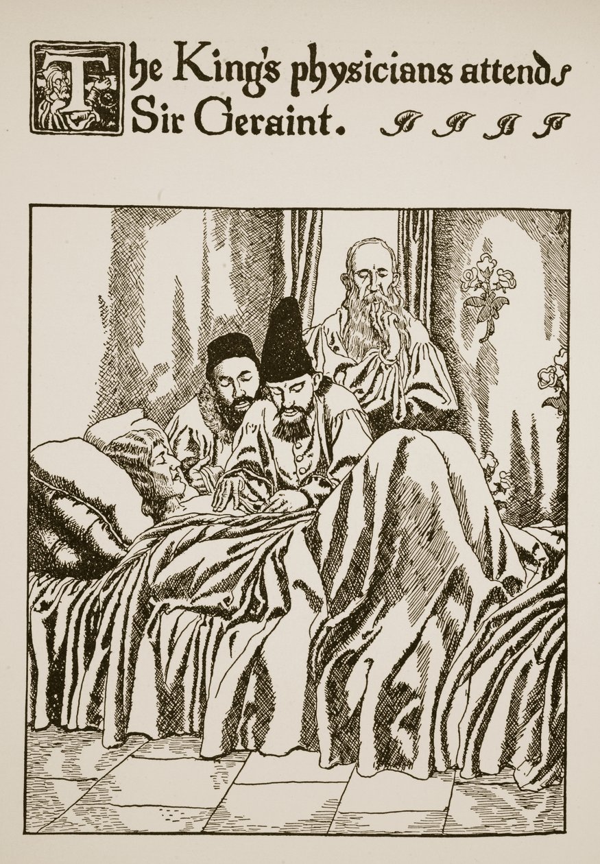 王の医師はジェライン卿に出席します。「杯の物語とアーサーの通過」の挿絵、1910年頃 作： ハワード・パイル