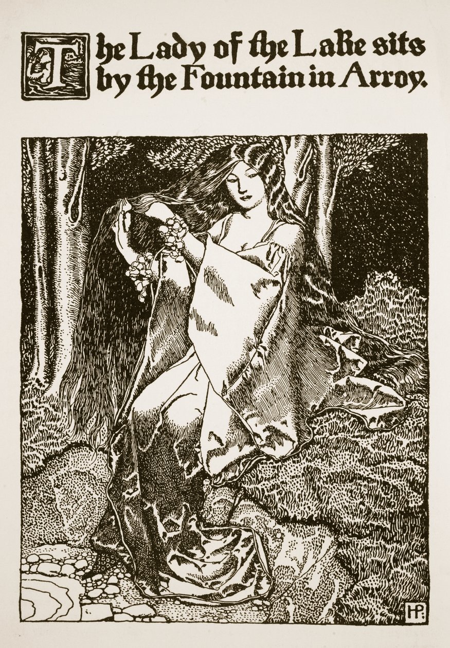 湖の女神はアロイの噴水のそばに座ります。「アーサー王と騎士の物語」、1903年のイラスト 作： ハワード・パイル