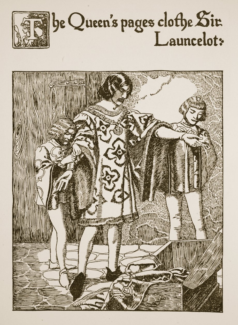 女王のページはサーローンセロットを衣服にしたもので、「杯の物語とアーサーの通過」の挿絵、1910年頃 作： ハワード・パイル