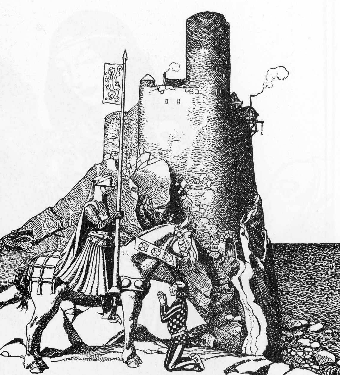 Lenda Arturiana: Tristão chegando ao Castelo de Nabon (Sir Tristam chegando ao castelo de Sir Nabon) Ilustração de Howard Pyle (1853-1911) de “A História dos campeões da mesa redonda”” 1905 Coleção particular 作： ハワード・パイル