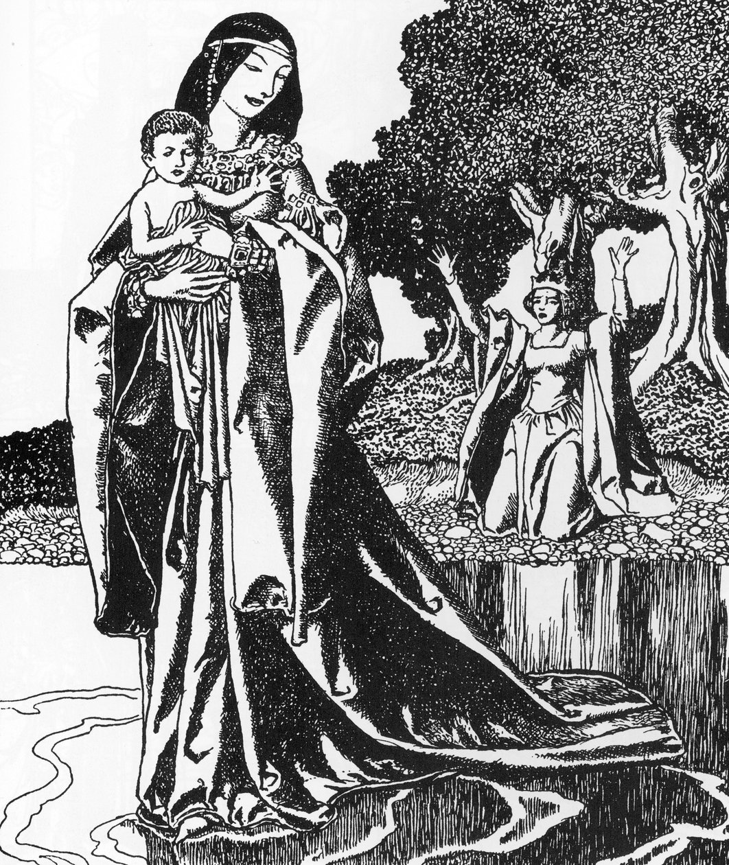 Arthurian Legend: la dame du Lac bleve Lancelot enfant (ランスロットは湖の乙女にさらわれた) ハワード・パイル (1853-1911) 作「円卓のチャンピオンの物語」より 1903 年 個人蔵 作： ハワード・パイル