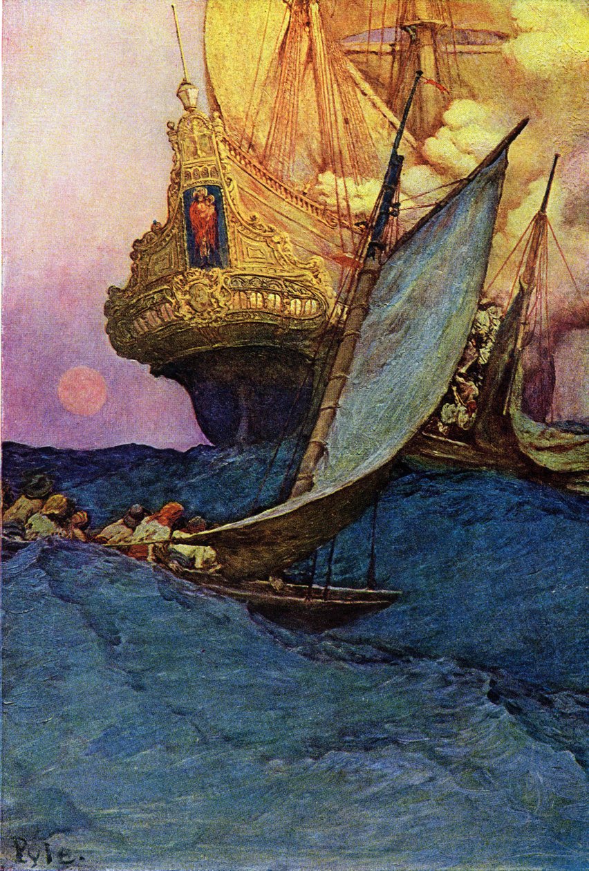 ガレオン船を襲う海賊たち。アメリカのイラストレーター、ハワード・パイル（1853-1911）による「スペイン本国の海賊（Buccaneers and Marooners）の本」（Book of pirates Buccaneers and Marooners of the spanish Main 作： ハワード・パイル