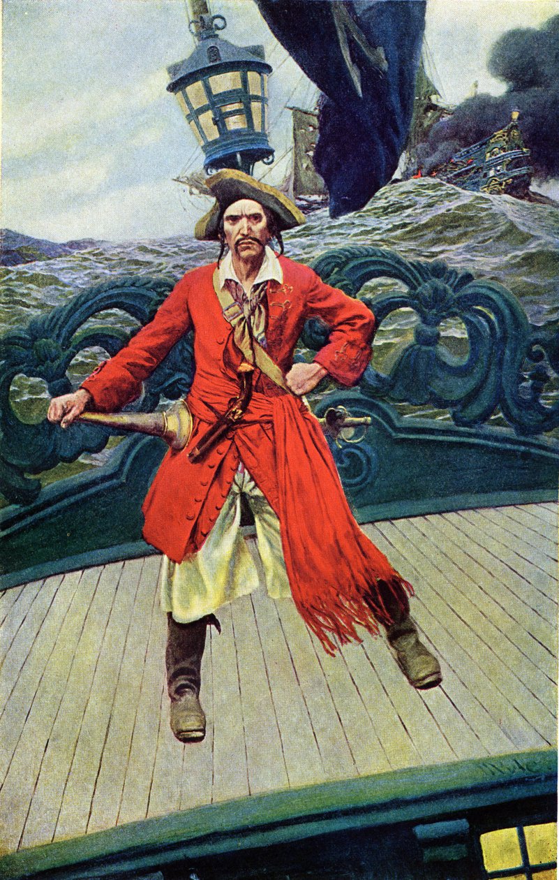 船のデッキに立つキース船長。アメリカのイラストレーター、ハワード・パイル（1853-1911）の「Book of pirates Buccaneers and Marooners of the Spanish Main」からの引用。 作： ハワード・パイル