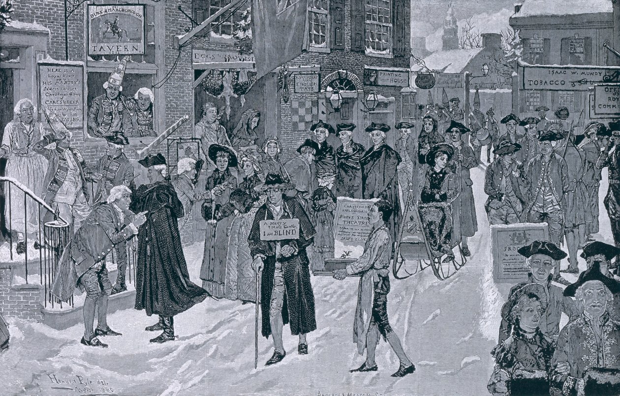 革命前の古いニューヨークのクリスマスの朝、ハーパーのウィークリー、パブからのイラスト。 1880年12月25日 作： ハワード・パイル