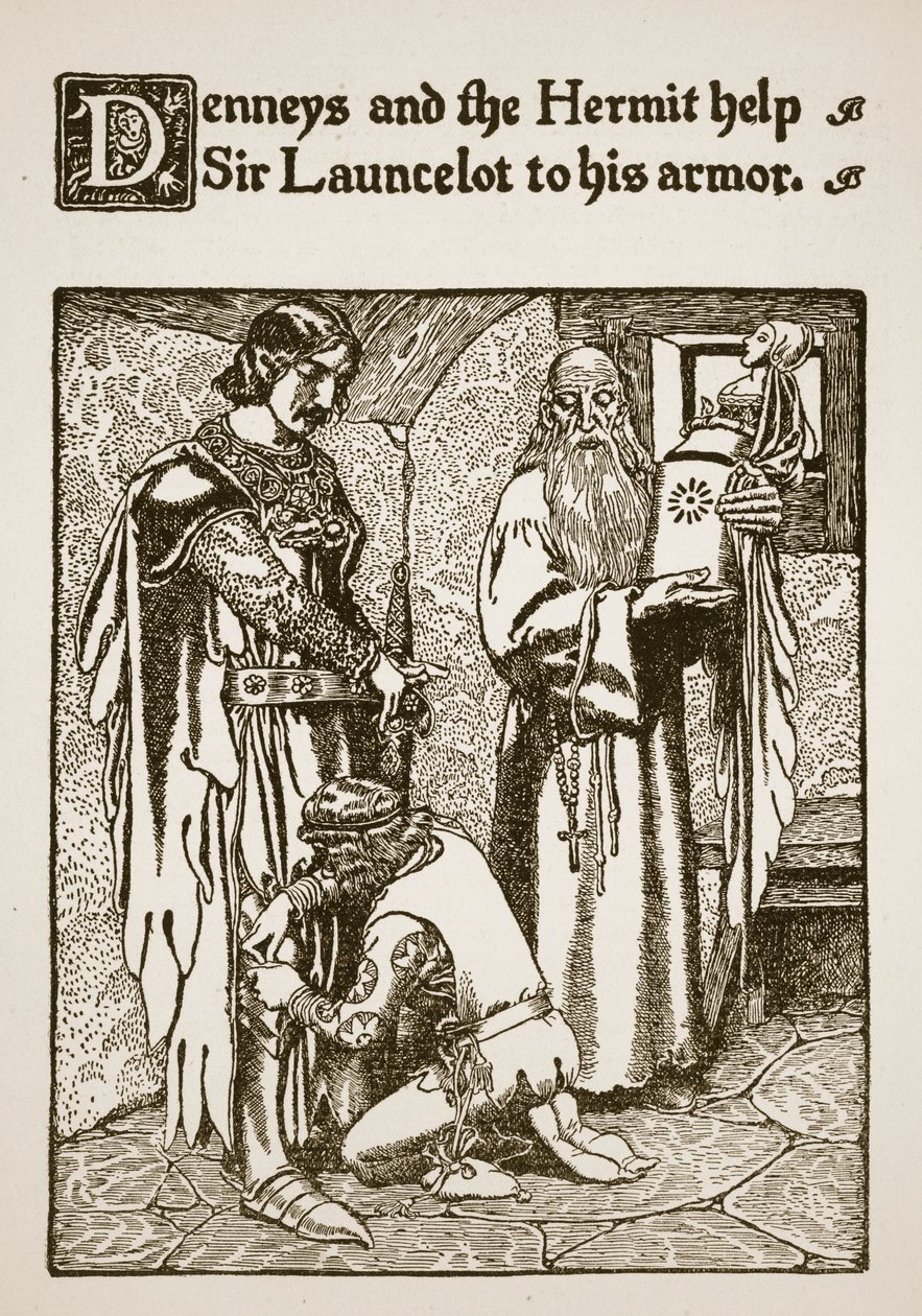 デニーズとハーミットは、ローンセロット卿の鎧を手助けします。「The Story of Sir Launcelot and his Companions」（1907年）のイラスト 作： ハワード・パイル