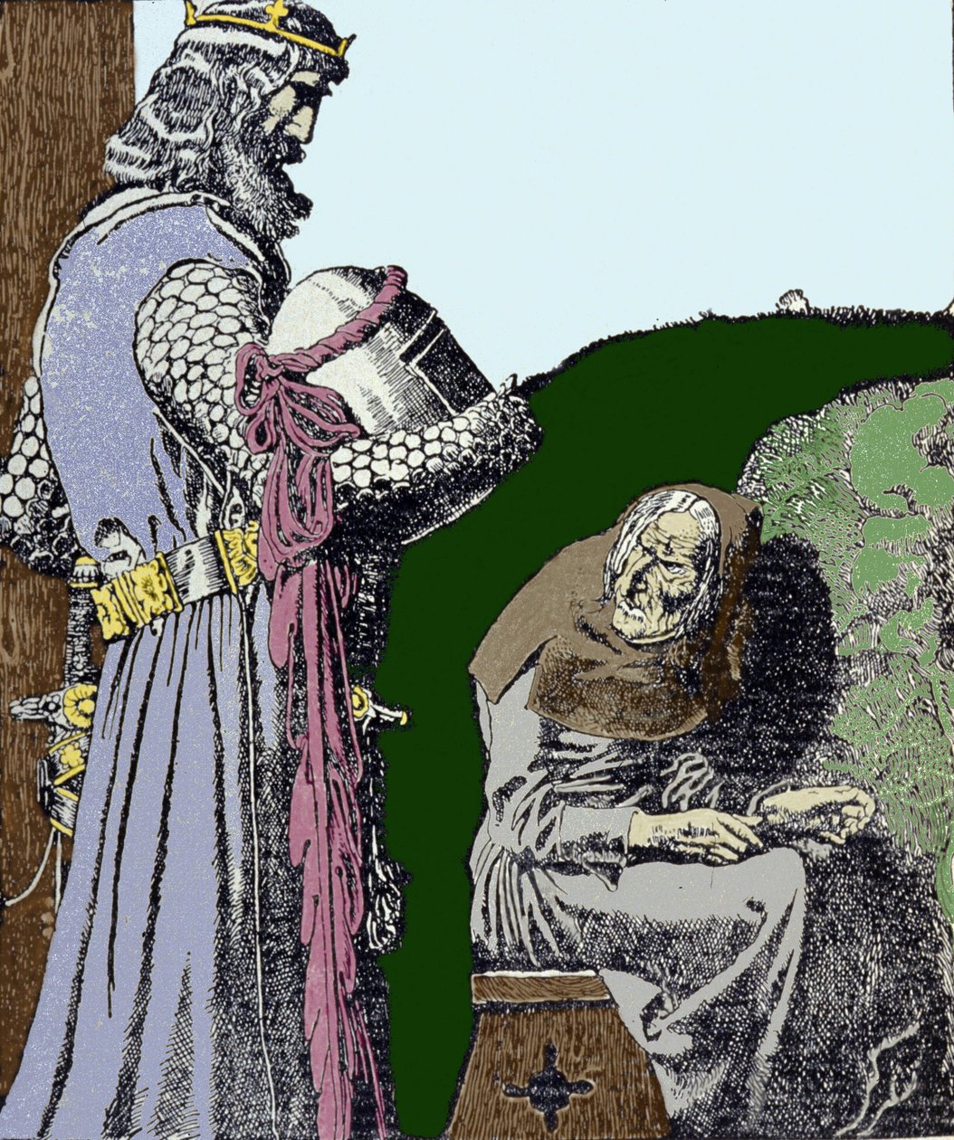 アーサー王（アルトゥス）と魔女。イラストはアメリカのイラストレーター、ハワード・パイル（1853〜1911）。 作： ハワード・パイル