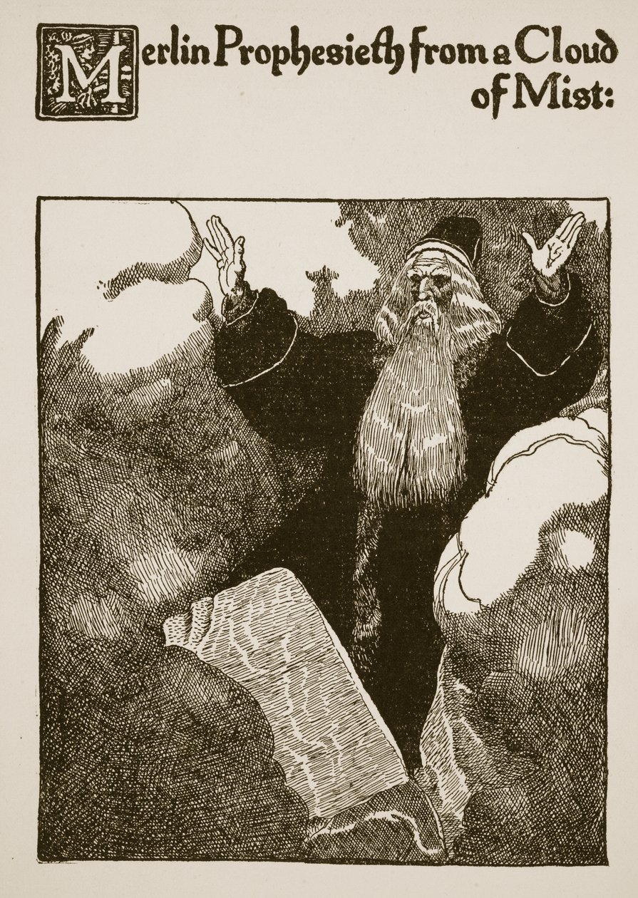 霧の雲からのマーリン預言者、「ローンセロット卿とその仲間たちの物語」、1907年のイラスト 作： ハワード・パイル