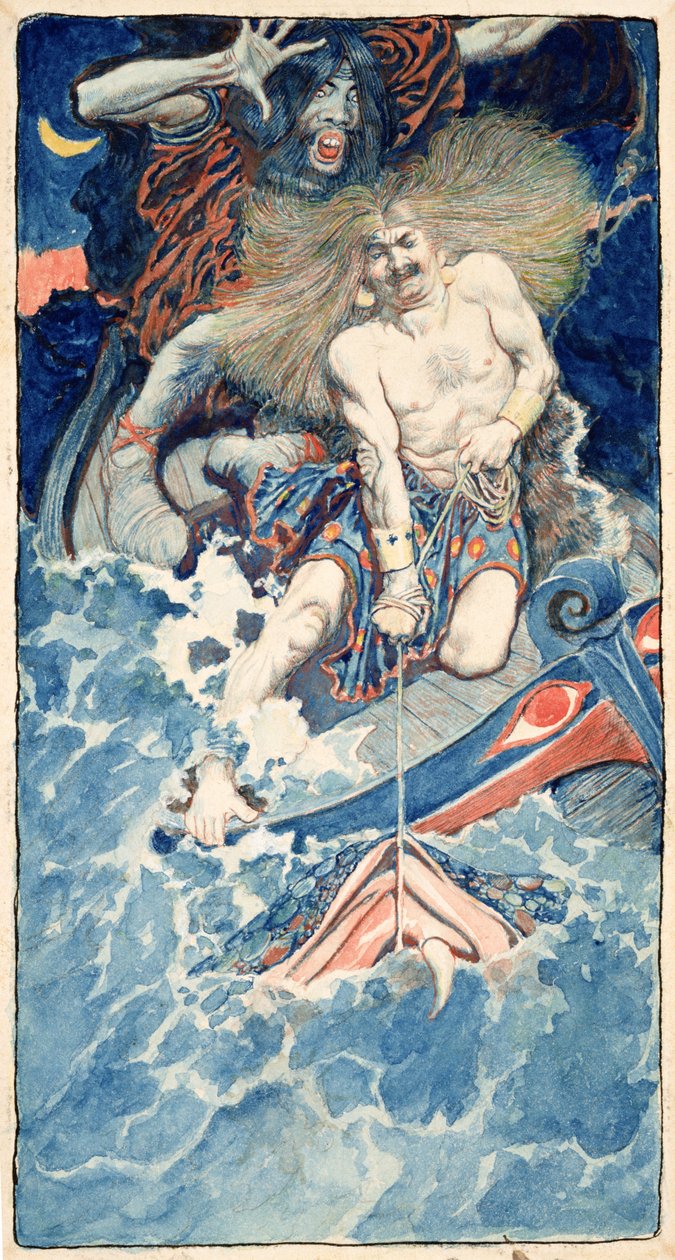 1902 年 1 月のハーパーズ マンスリー マガジンに掲載された、ハワード パイルによる「海の北民の伝説」からのトールとヒュミルの釣り (紙に水彩) 作： ハワード・パイル