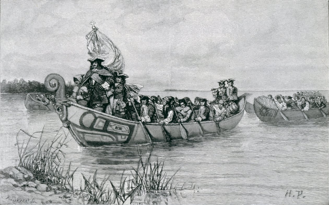 キャデラックの着陸、エドモンド・カークによる「海峡の街」のイラスト、パブ。ハーパーの雑誌で、1886 作： ハワード・パイル