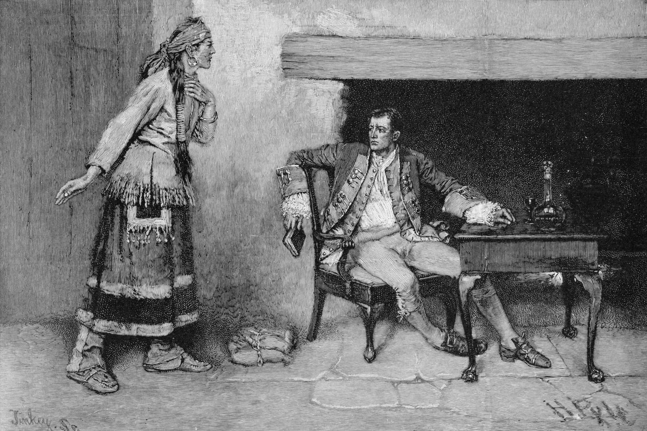 ジョンティンキー（fl.1871-1901）のイラストが刻まれたポンティアックの陰謀を描いたオジブウェイの乙女。エドマンド・カークの「海峡の街」のイラスト。ハーパーの雑誌で、1886 作： ハワード・パイル