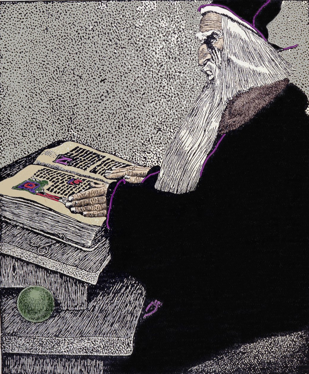 魔術師マーリン。アメリカの漫画家、ハワード・パイル（1853～1911）が「アーサー王とその騎士たちの物語」のために描いたイラスト。 作： ハワード・パイル