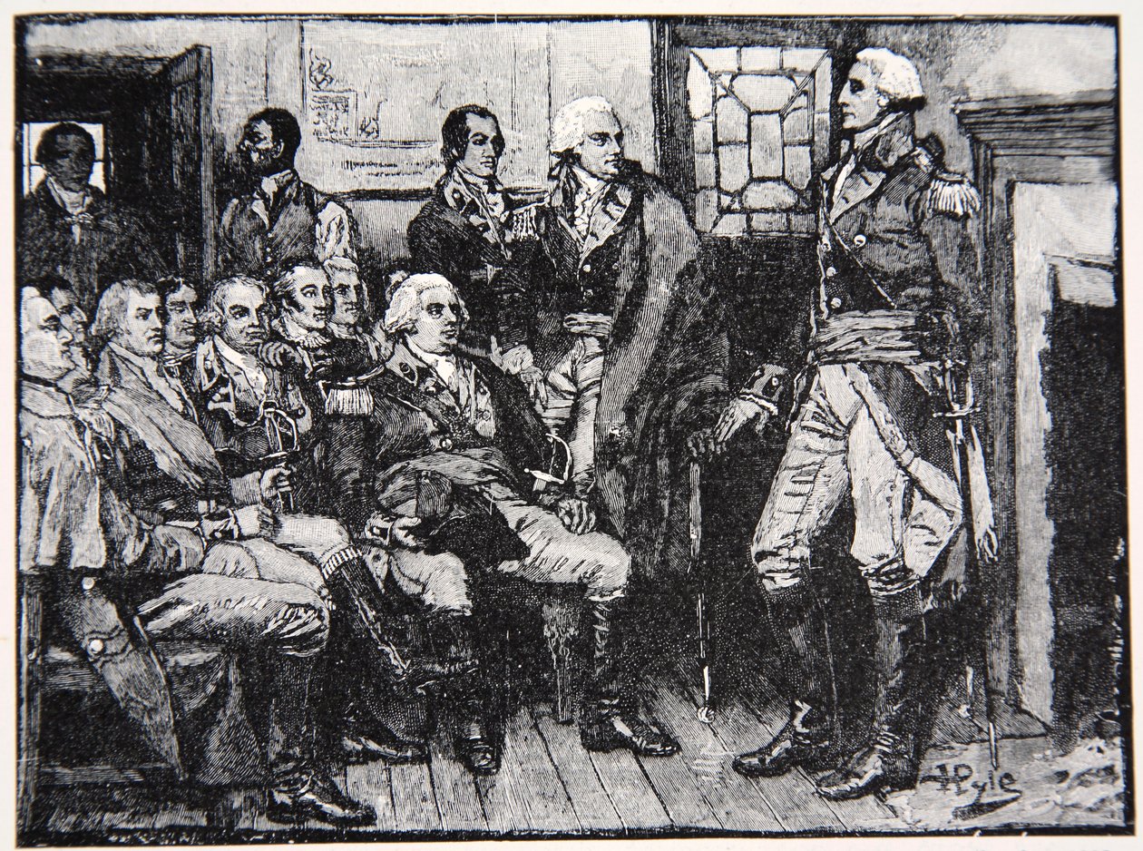 1783年3月15日、協議中のワシントンとその将軍、ハーパーズマガジンのイラスト、1883年 作： ハワード・パイル