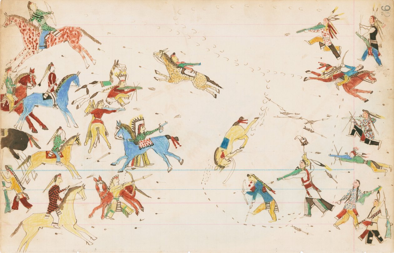クロウ族とシャイアン族の戦い、1874-75年（元帳にペン、インク、トイレ） 作： ハウリングウルフ