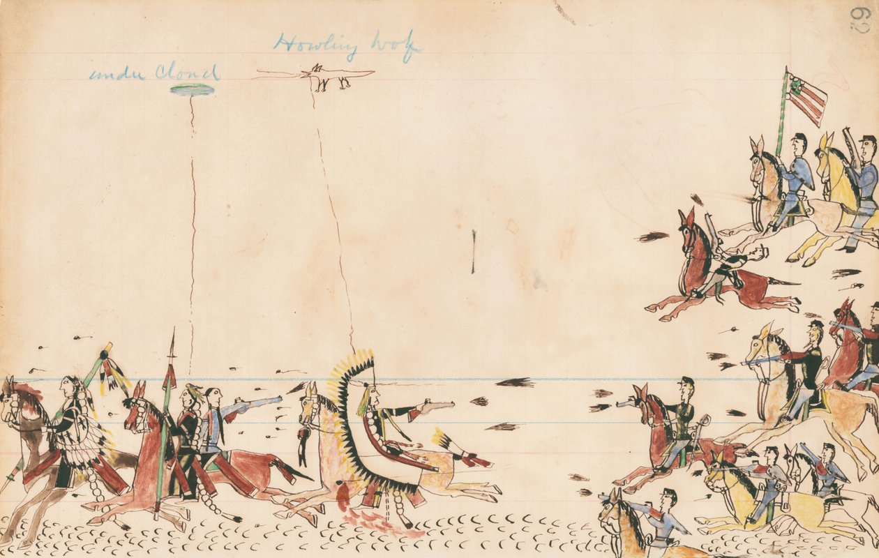 雲の下でハウリングウルフが1868年にサリー大将と戦う、現在のキャンプ供給近くの第7ケイビー、1874-75（ペン、台帳上のインクとトイレ） 作： ハウリングウルフ