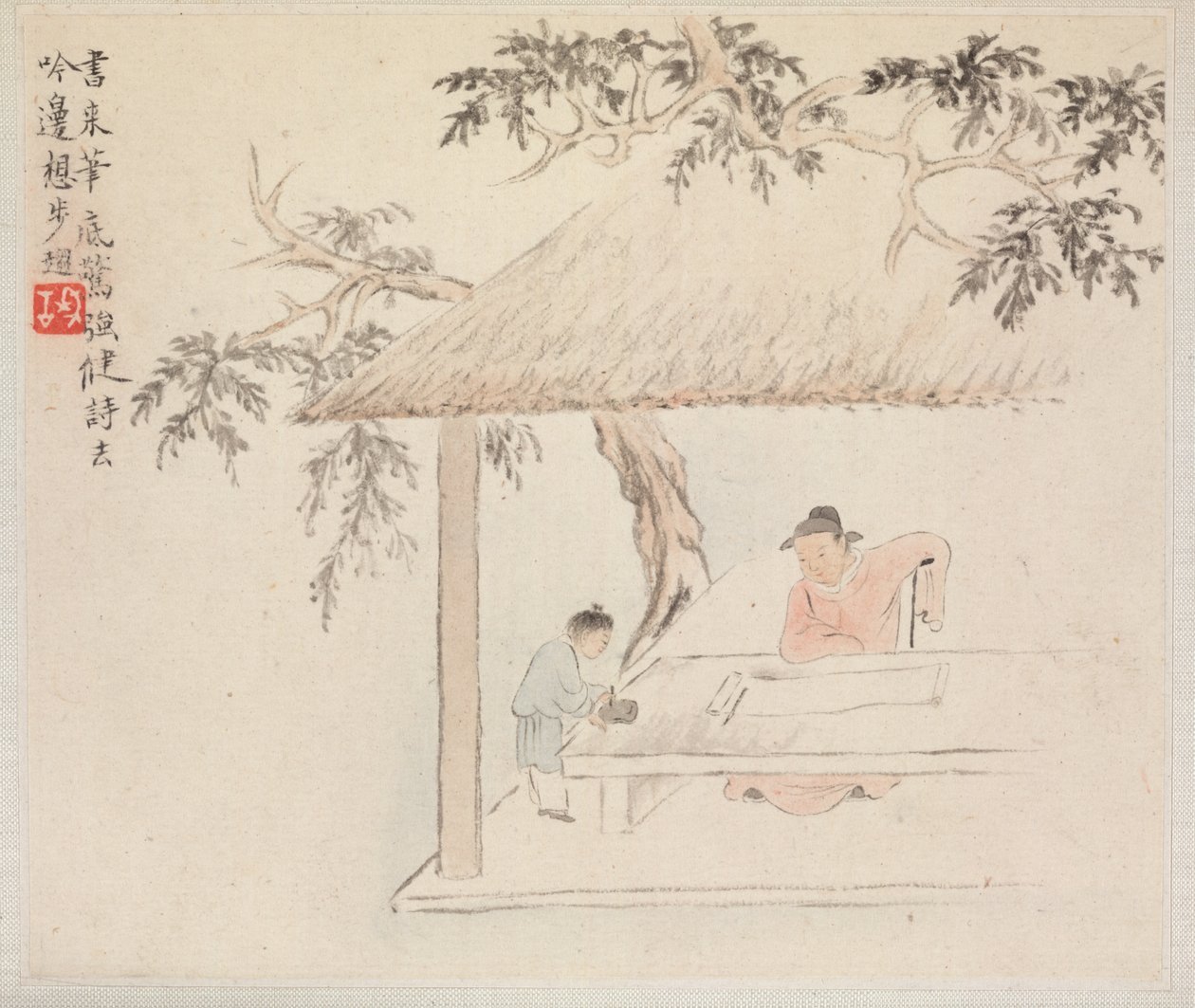 古い詩を示す風景画のアルバム：テーブルに座っている男...、1700年代。 作： フアヤン