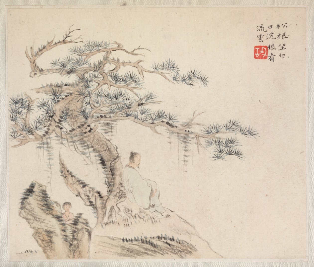 古い詩を示す風景画のアルバム：松の木の下に座っている老人...、1700年代。 作： フアヤン