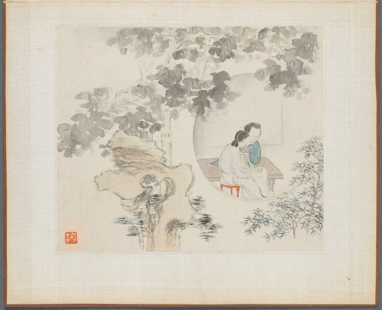 古詩を描いた山水画帖 風景に見える円の中で二人の女が食卓に座る 作： フアヤン