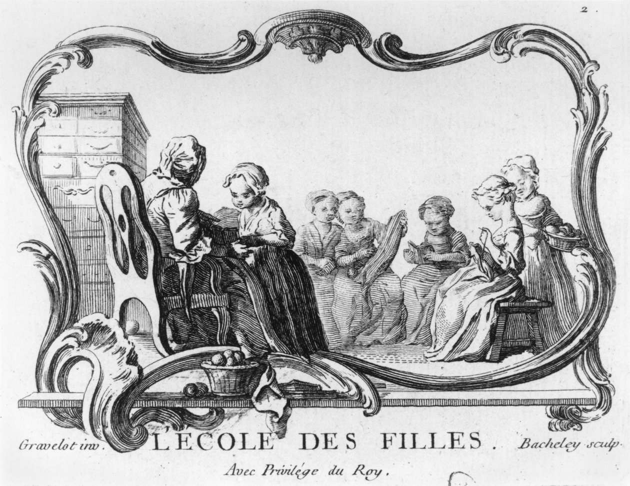 Jacques Bacheley（1712-81）によって刻まれた縫製教室の女子校 作： ヒューバート・フランソワ・グラヴェロット