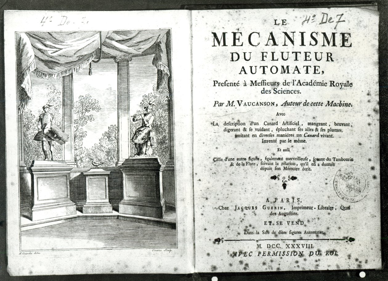 オートマトン、Jacques de Vaucansonによる「Le Mecanisme du fluteur automatic」の正面図のイラスト、Francois Vivares（1709-80）1738によって彫刻 作： ヒューバート・フランソワ・グラヴェロット