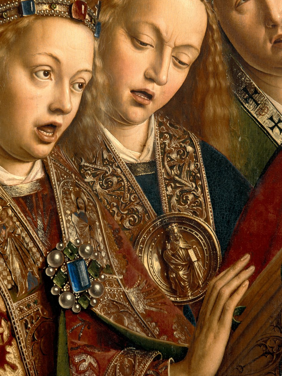 ゲントの祭壇画の左翼からの歌う天使の詳細 作： Hubert & Jan van (1390 1441) エイク