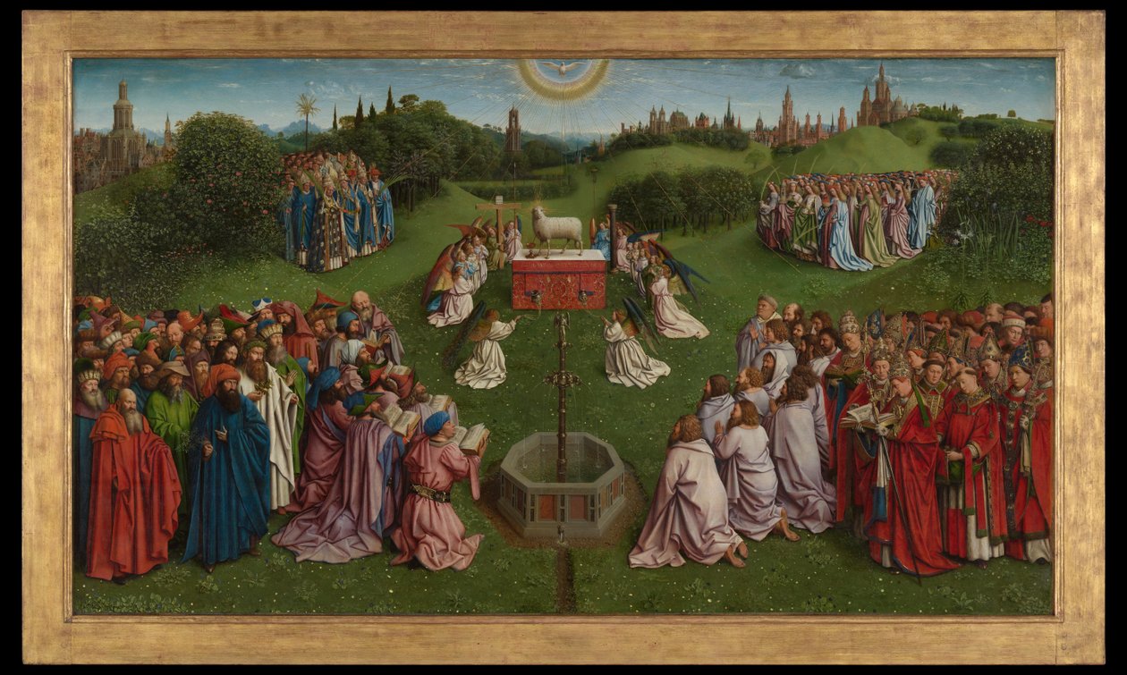 A Adoração do Cordeiro Místico, do Retábulo de Ghent, metade inferior do painel central 作： Hubert & Jan van (1390 1441) エイク