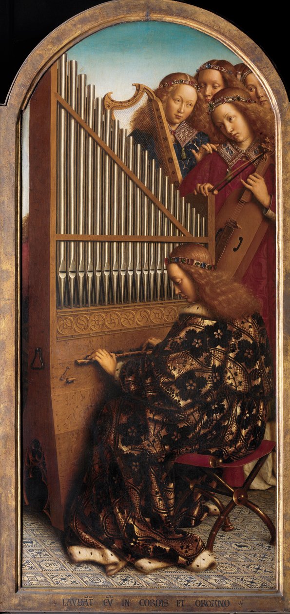 ゲントの祭壇画からの聖セシリアと天使の音楽家 作： Hubert & Jan van (1390 1441) エイク