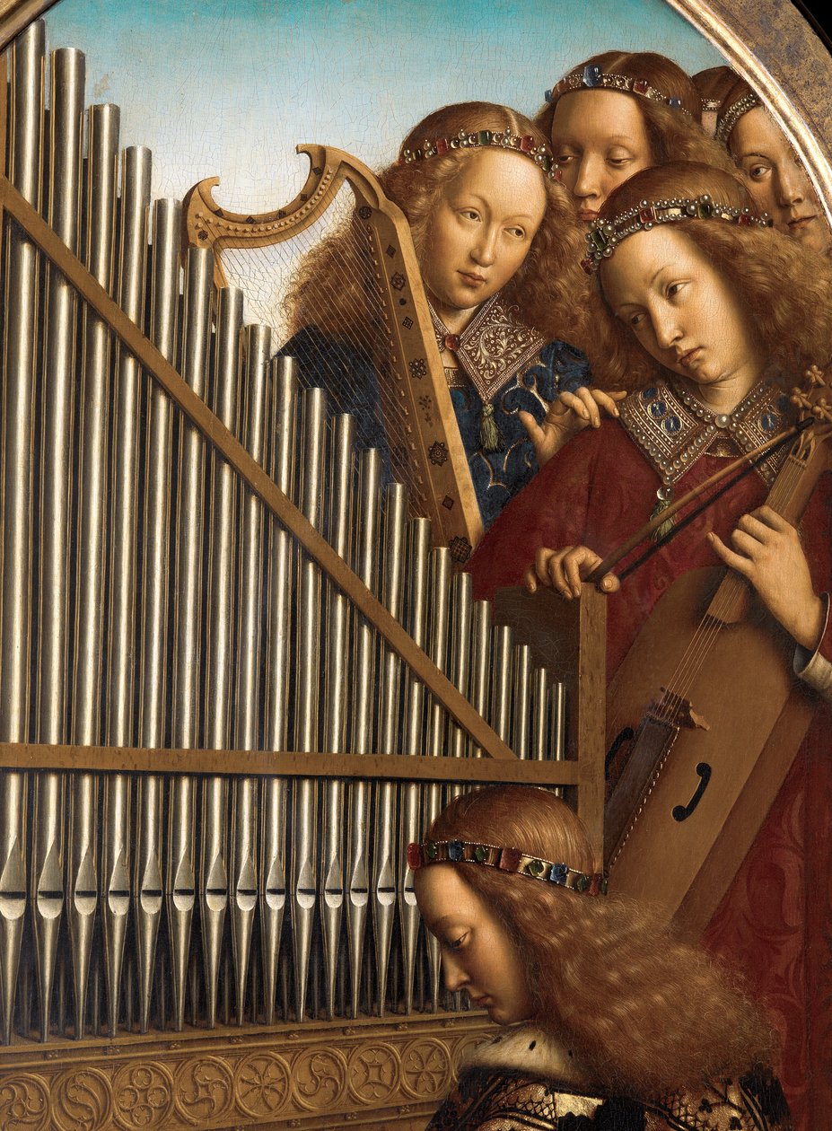 ゲントの祭壇画からの聖セシリアと天使の音楽家 作： Hubert & Jan van (1390 1441) エイク