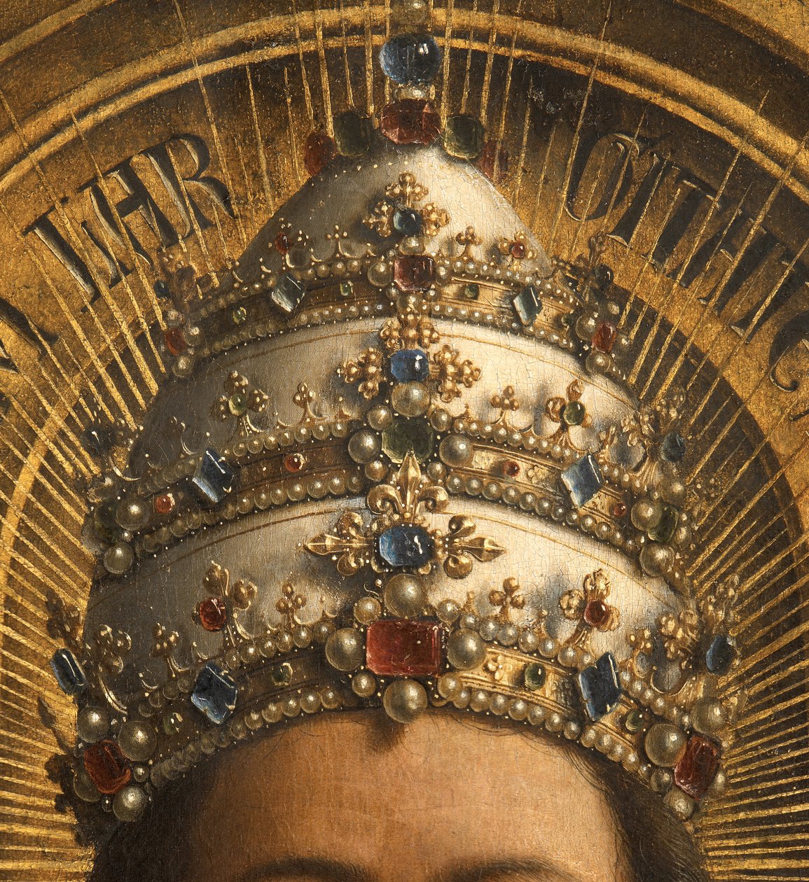父なる神の詳細、ゲントの祭壇画の中央パネル（パネルに油彩） 作： Hubert & Jan van (1390 1441) エイク