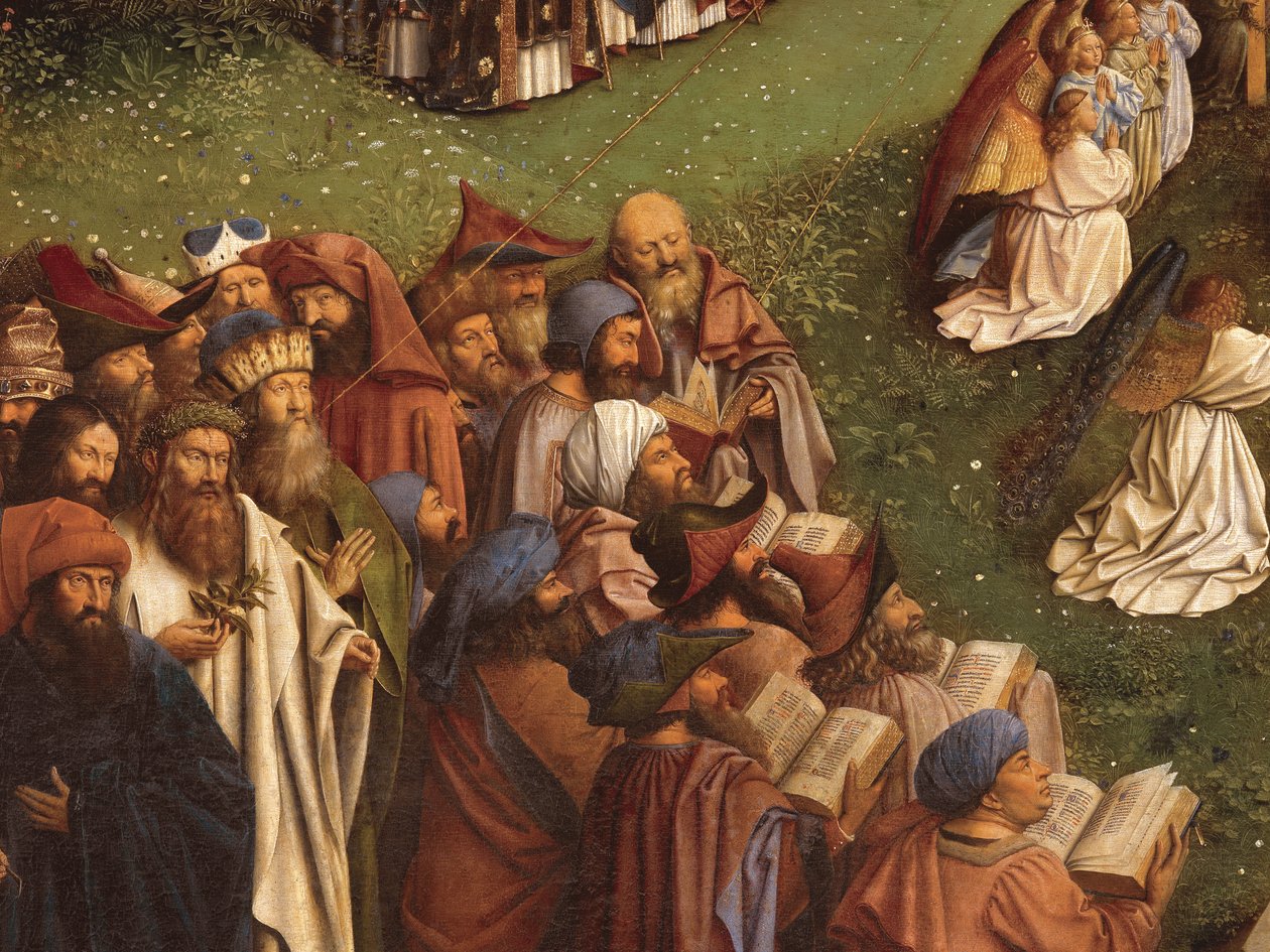 Detalhe da Adoração do Cordeiro Místico, do painel central do Retábulo de Ghent (óleo sobre painel) 作： Hubert & Jan van (1390 1441) エイク