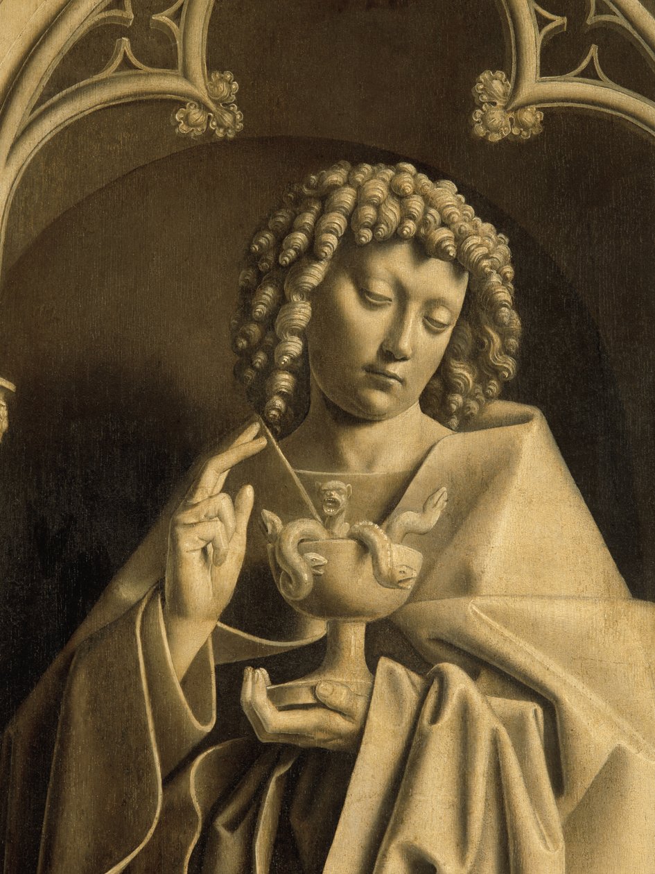 ヨハネの使徒、ゲントの祭壇画の詳細、閉じた（パネルに油彩） 作： Hubert & Jan van (1390 1441) エイク