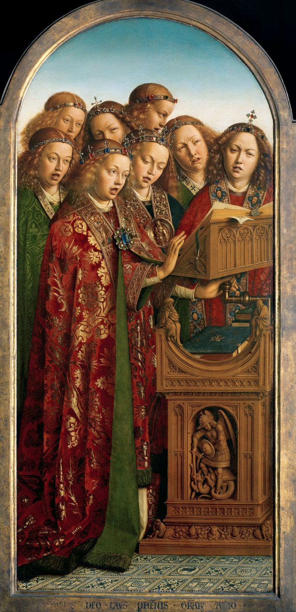 ゲントの祭壇画の左翼からの歌う天使 作： Hubert & Jan van (1390 1441) エイク